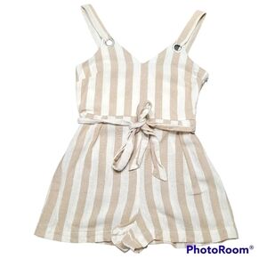 Coco +‎ Jaimeson White And Tan Striped Tie Waist Linen Romper